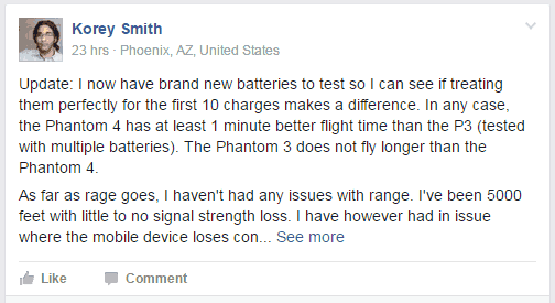 Post supporting DJI's claim of longer battery life and satisfactory range - https://www.facebook.com/groups/675337805903071/permalink/688474007922784/