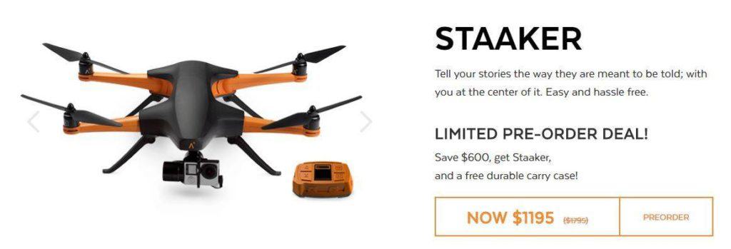 A banner on the Staaker Drone website, demonstrating the current pre-order price with a $600 saving!