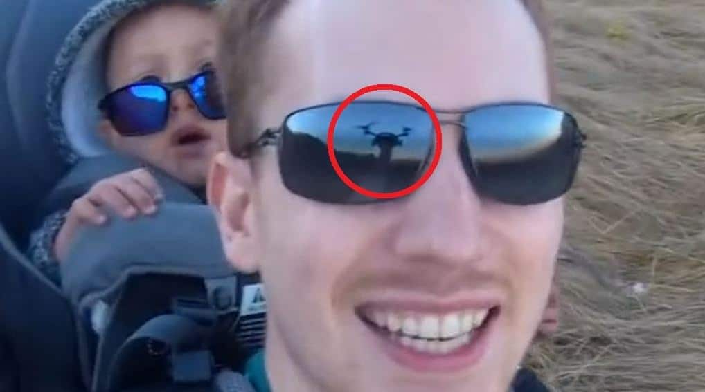 A zoomed still from the landing section of the beta footage, showing the Lily within the reflection of the tester's sunglasses.
