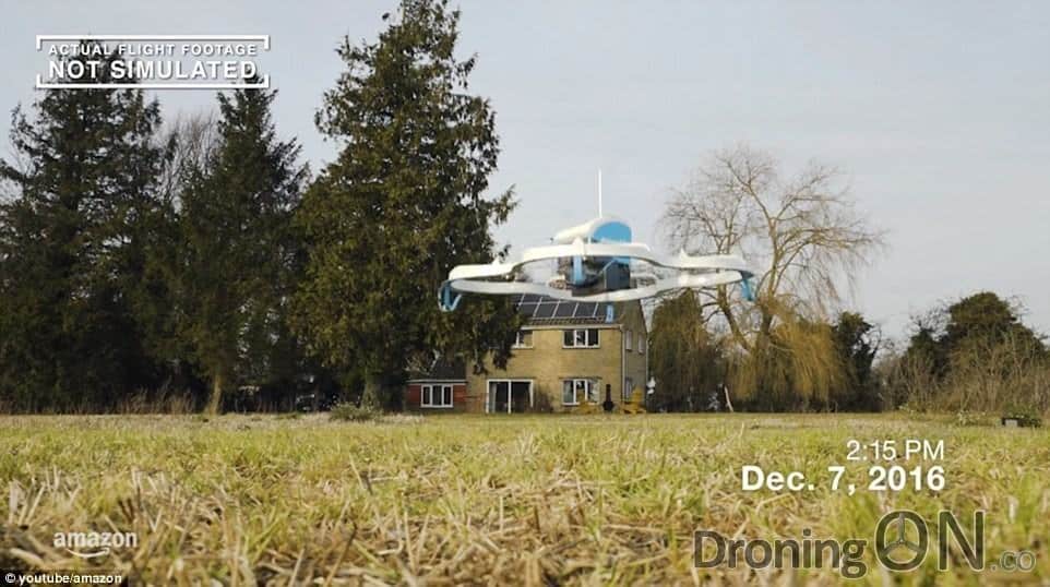 The Amazon Air drone coming in to land with the customer.