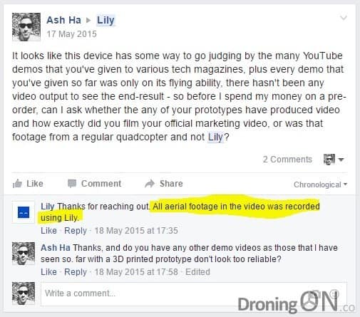 A question posed to the Lily team back in 2015 by DroningON concerning the authenticity of the promotional video, in which Lily respond to state that the footage was all captured via a Lily drone, this is virtually impossible.