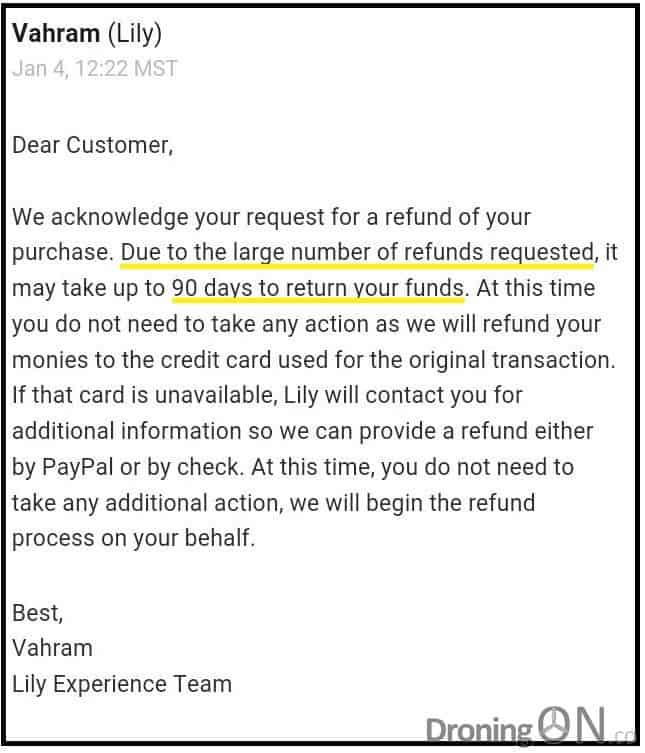 An email sent in response to Lily customers that have requested a refund.
