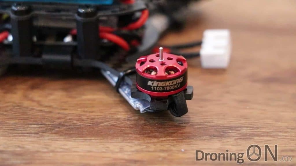 The brushless motors of the KingKong Q90 micro FPV racing quadcopter.