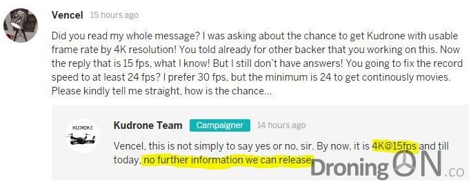 Kudrone state discreetly via IndieGoGo comments that their new drone is only capable of 4K @ 15fps