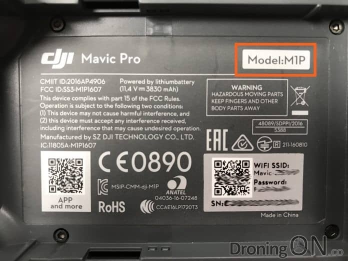 The printed label attached to the Mavic Pro, detailing the CE/FCC certification details and model number.