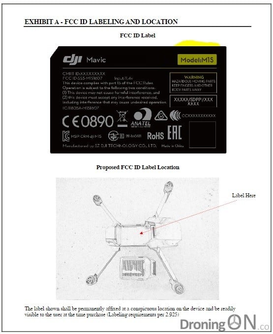 A screenshot from the FCC website, illustrating the 'M1S' (Mavic 1 Standard) model number.