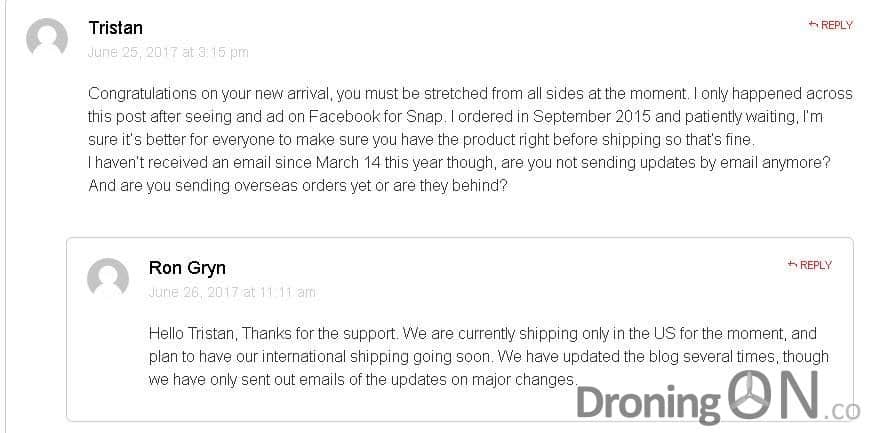 Vantage Robotics response to a pre-order customer asking for an approximate shipping date, having ordered in September 2015, almost two years ago.