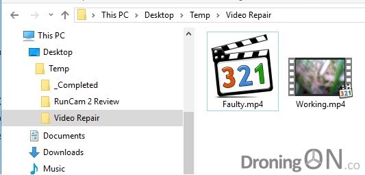 Temporary folder with the working and faulty Hubsan drone video files placed within it.