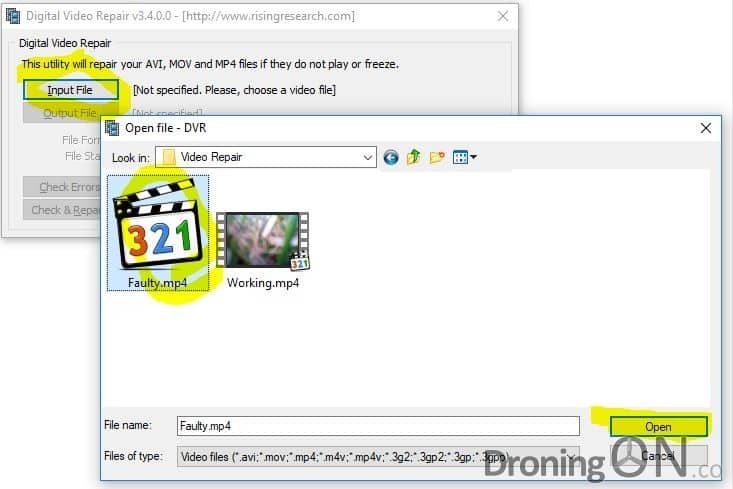 Using the 'Digital Video Repair' application to fix corrupted Hubsan drone video files.