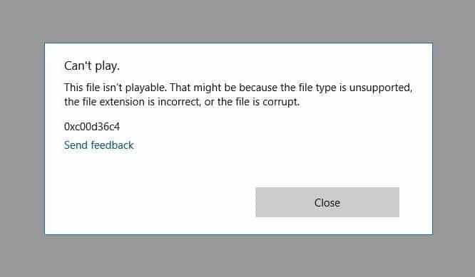 When attempting to play an affected file in Windows Media Player, you will see an error similar to this - "This file isn't playable. That might be because the file type is unsupported, the file extension is incorrect, or the file is corrupt"