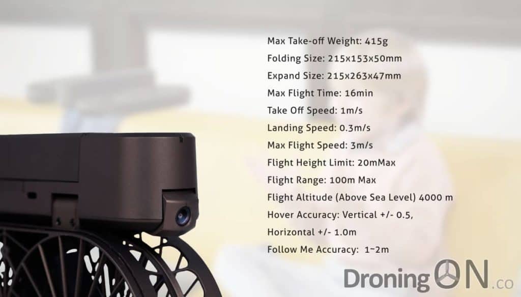 The specifications of the SimToo Moment Airselfie Drone.