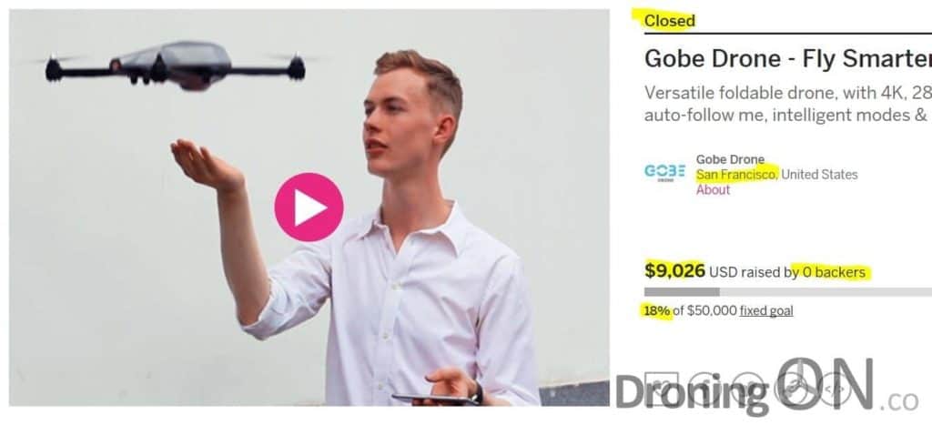 The failed Gobe Drone project which struggled to gain even 20% of its funding target. The project page now displays rather odd statistics, 0 backers and yet money raised - we suspect that the backers were Gobe staff whom cancelled their pledges after the project flopped.