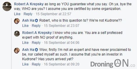 Kudrone comment, posted to a Facebook group by one of its backers.