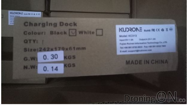 A boxed Kudrone Charging Deck, ready for despatch in a Chinese warehouse.