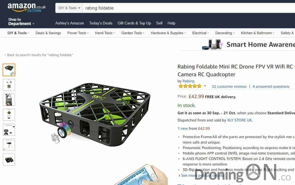 The Amazon listing showing the SMRC branded drone and accessories, retailing for half the price of the IndieGoGo campaign pricing, with reviews posted as far back as June.