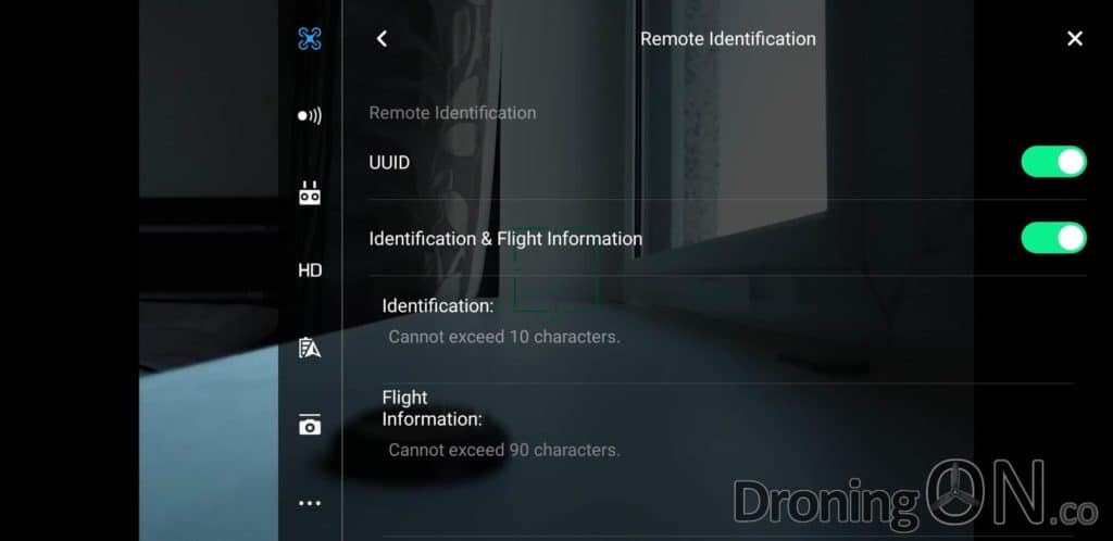 The new settings screen for Remote Identification to support the DJI AeroScope