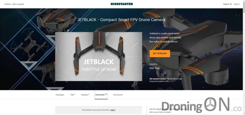 The Jet Black Drone campaign on Kickstarter, created by Alan Yeap and based in Singapore.