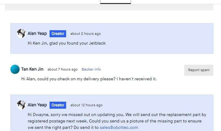 Comments on the Jet Black Drone Kickstarter campaign page suggesting that backers are still yet to receive their drone.