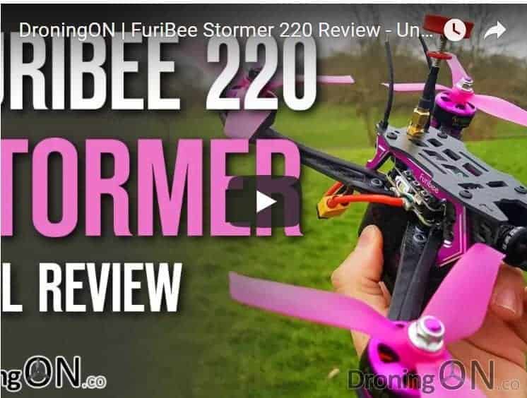 YouTube thumbnail for the FuriBee Stormer 220 review, unboxing, betaflight configuration and flight test 