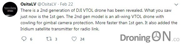 OsitaLV's tweet concerning the rumoured DJI VTOL drone which was later dispelled officially by DJI.,