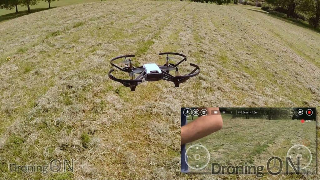 Shot of the Tello hovering, also showing the live stream direct from the drone to the smart device, streaming in 720p resolution.
