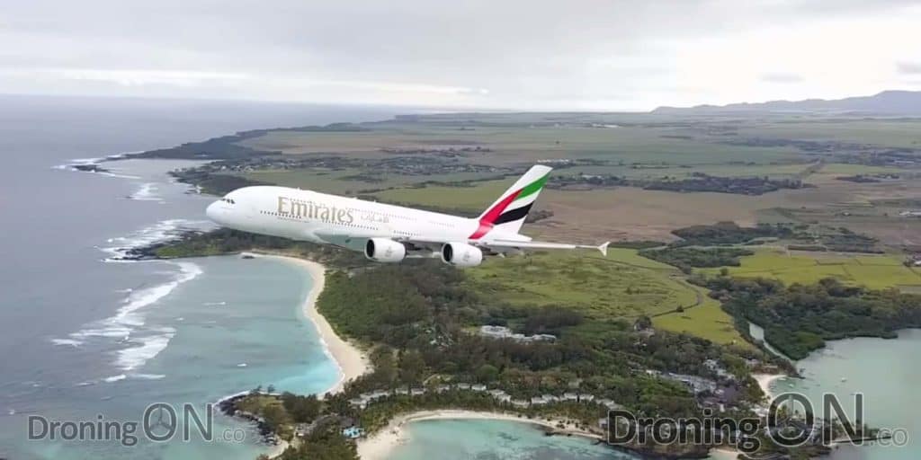 A drone has filmed an Emirates Airbus A380 taking off from an airport in the small Mauritius island.