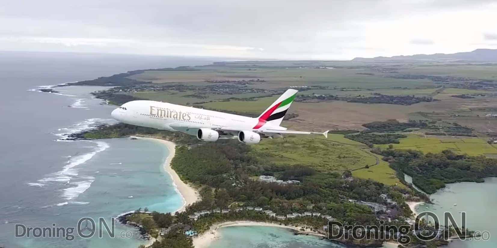 A drone has filmed an Emirates Airbus A380 taking off from an airport in the small Mauritius island.