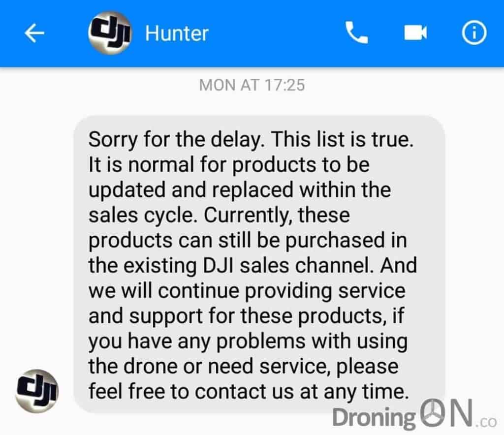 A message between us and DJI support contact 'Hunter' confirming the authenticity of this list being distributed.