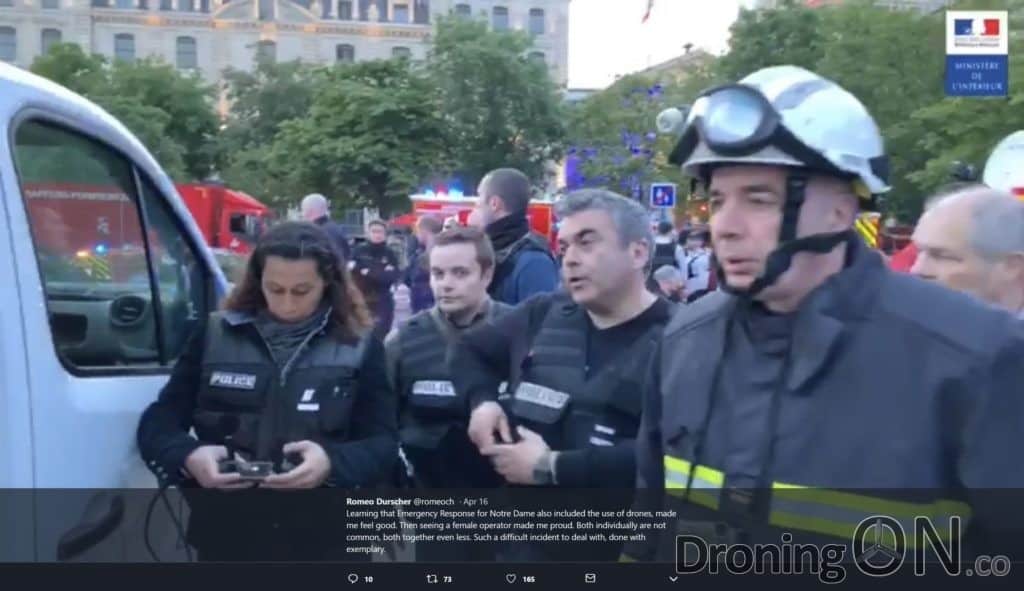 Firefighters at the Notre Dame scene, using the DJI Mavic to survey the area from the sky.