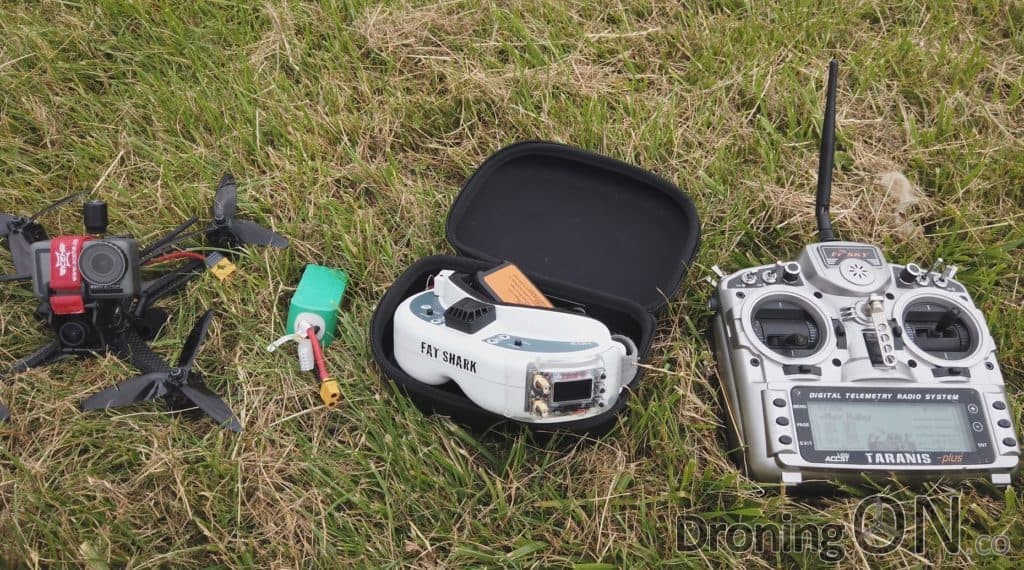The kit used to fly the quad in this DJI Osmo Action video, the FrSky Taranis X9D, the FatShark HD3 goggles, 4s 1300mAh battery and the FuriBee DarkMax 220 FPV quad.